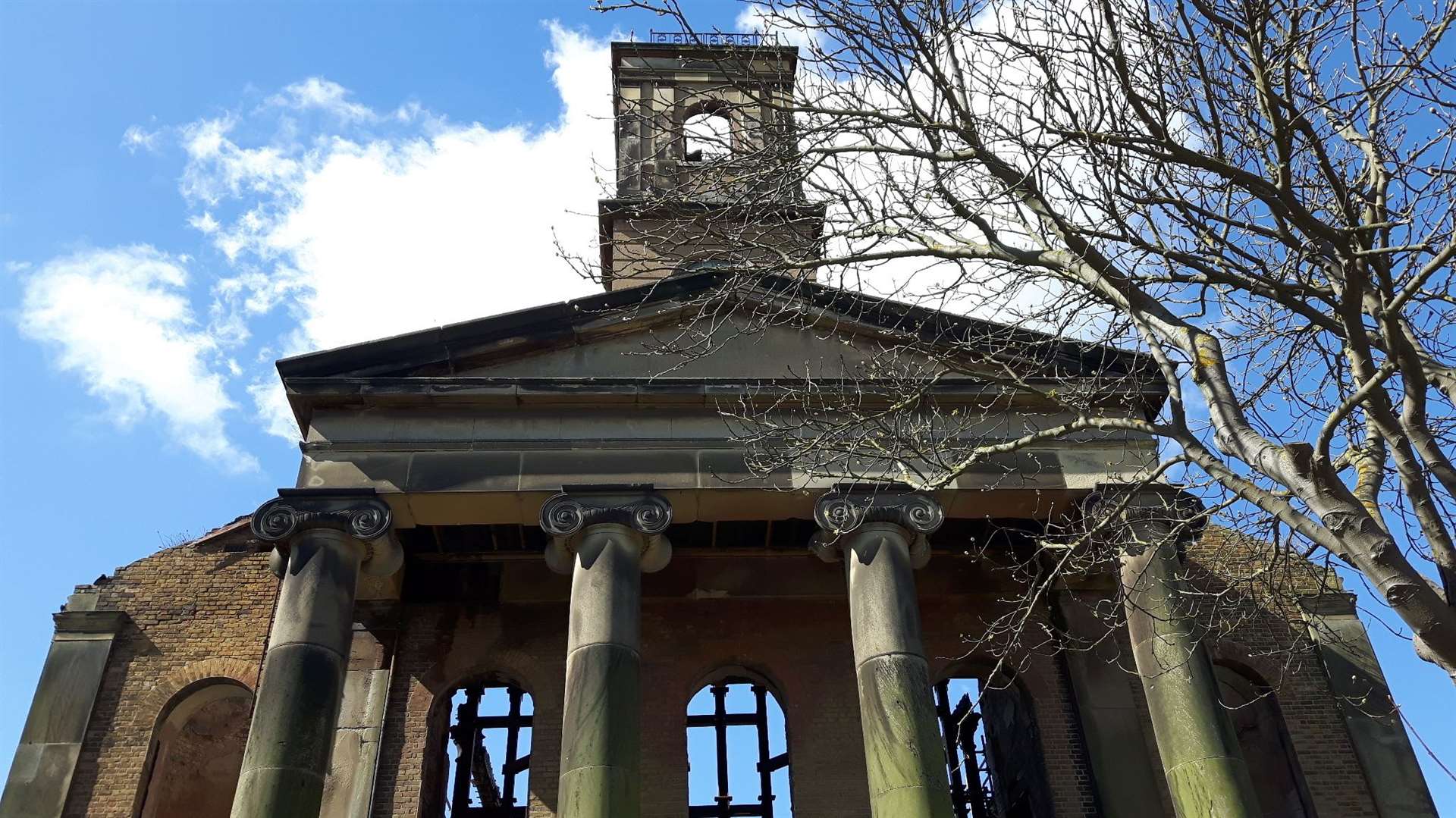 The fire-damaged Dockyard Church at Sheerness