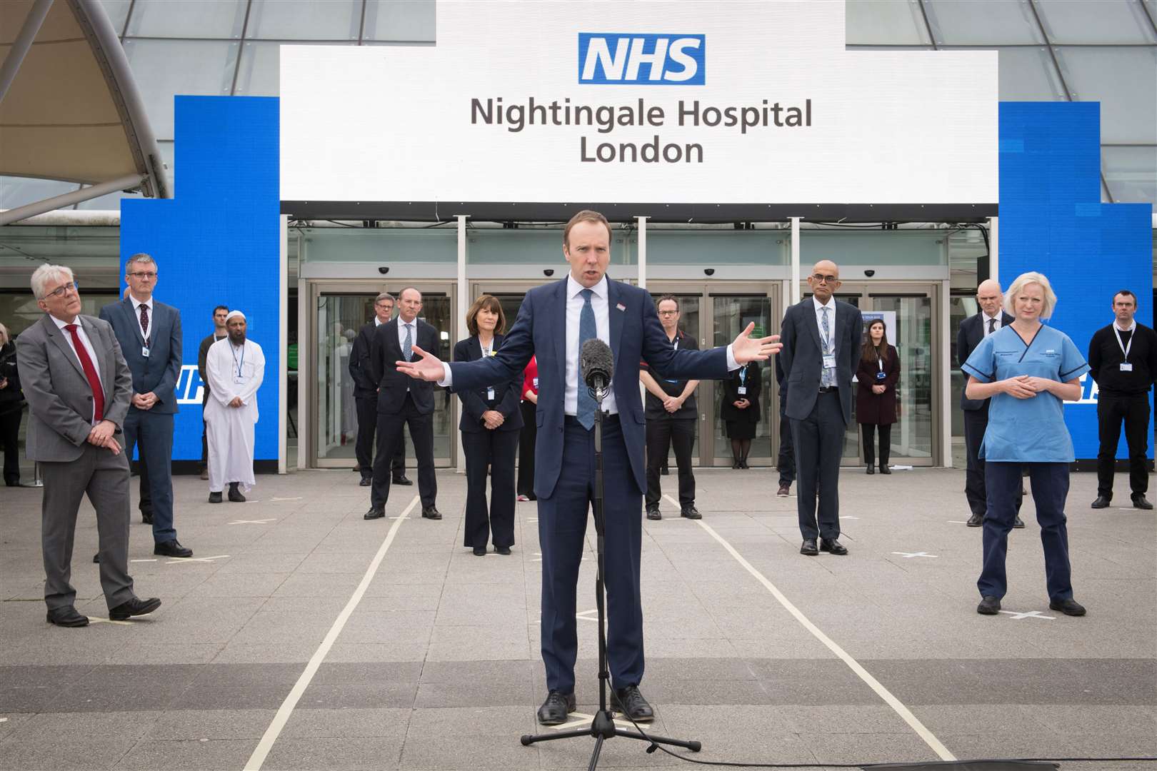 Health Secretary Matt Hancock at the opening of the NHS Nightingale Hospital on April 3, before the first patients arrived (Stefan Rousseau/PA)