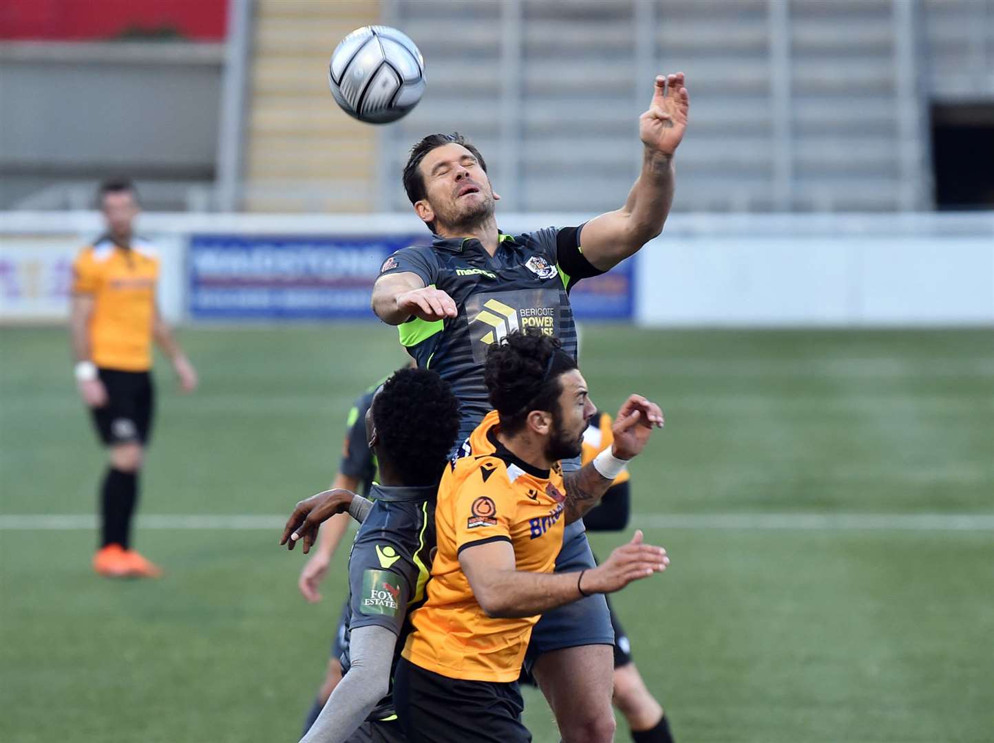 Dartford skipper Tom Bonner wins a header at Maidstone Picture: Keith Gillard