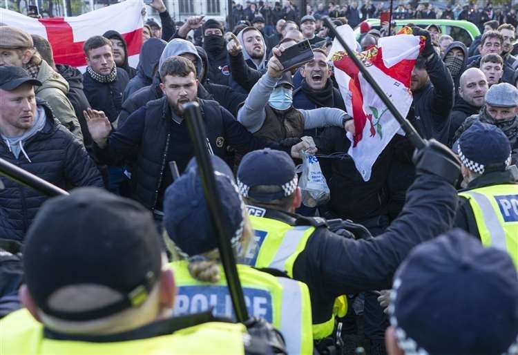 Counter-protesters confront police in Parliament Square at Saturday's pro-Palestinian march. Picture: Jeff Moore/PA