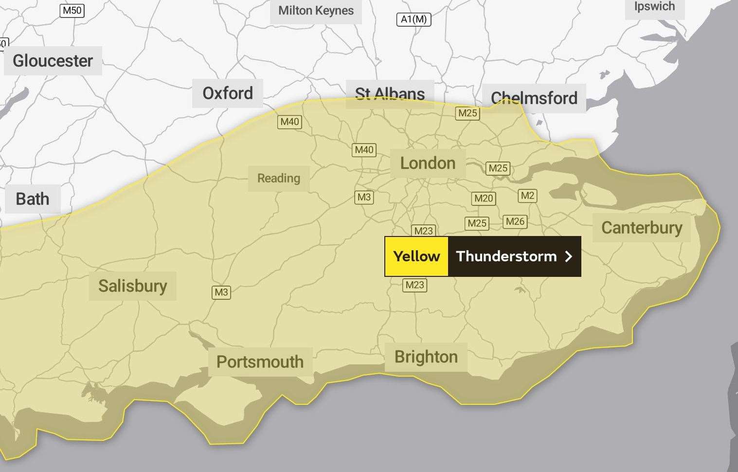 A yellow alert for thunderstorms has been issued for Kent and most of Southern England. Picture: Met Office