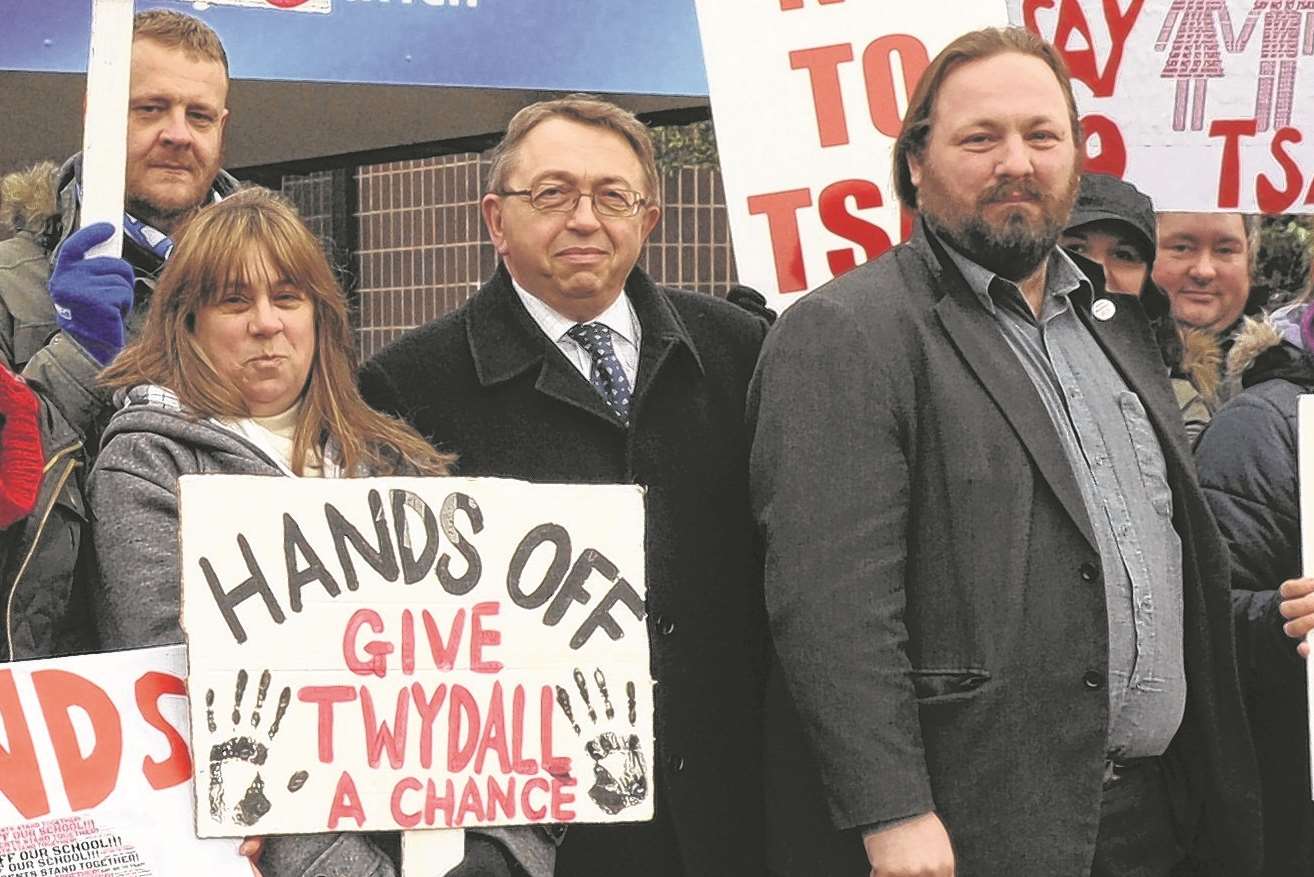 Paul Clark (centre) and Labour leader Vince Maple (right) supporting protesters outside Medway Council offices.