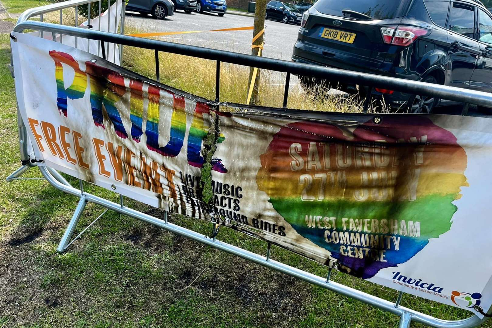 The Pride banner was burnt in a mindless act of vandalism. Picture: West Faversham Community Centre