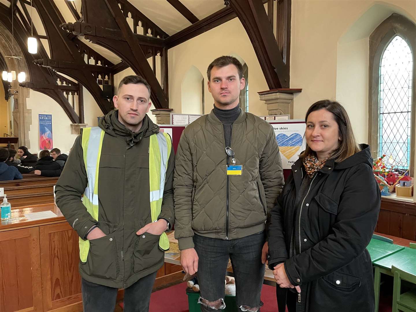 Ivan Semikin, Artem Mazurenko, Marta Ciausu, from Clock House farm at Holy Trinity church, Coxheath