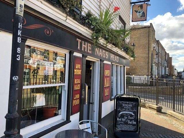 The weather-boarded Nags Head, on Rochester High Street, looks every inch a traditional boozer, and, how nice it is to see an ‘Open all day’ sign