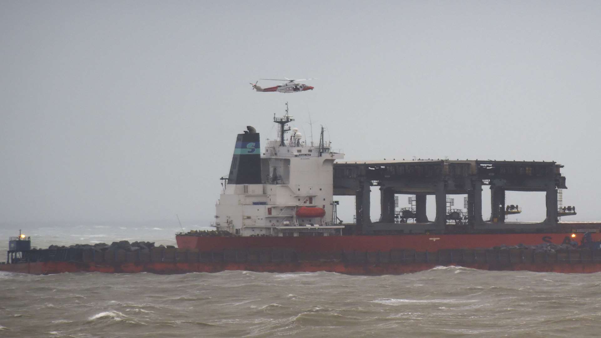 The Coastguard helicopter hovering above the ship. Picture: Tony Flashman