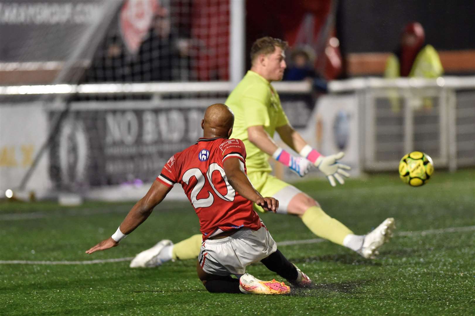 Two-goal Chatham striker John Ufuah takes on Whitehawk keeper Will Huffer Picture: Ian Scammell