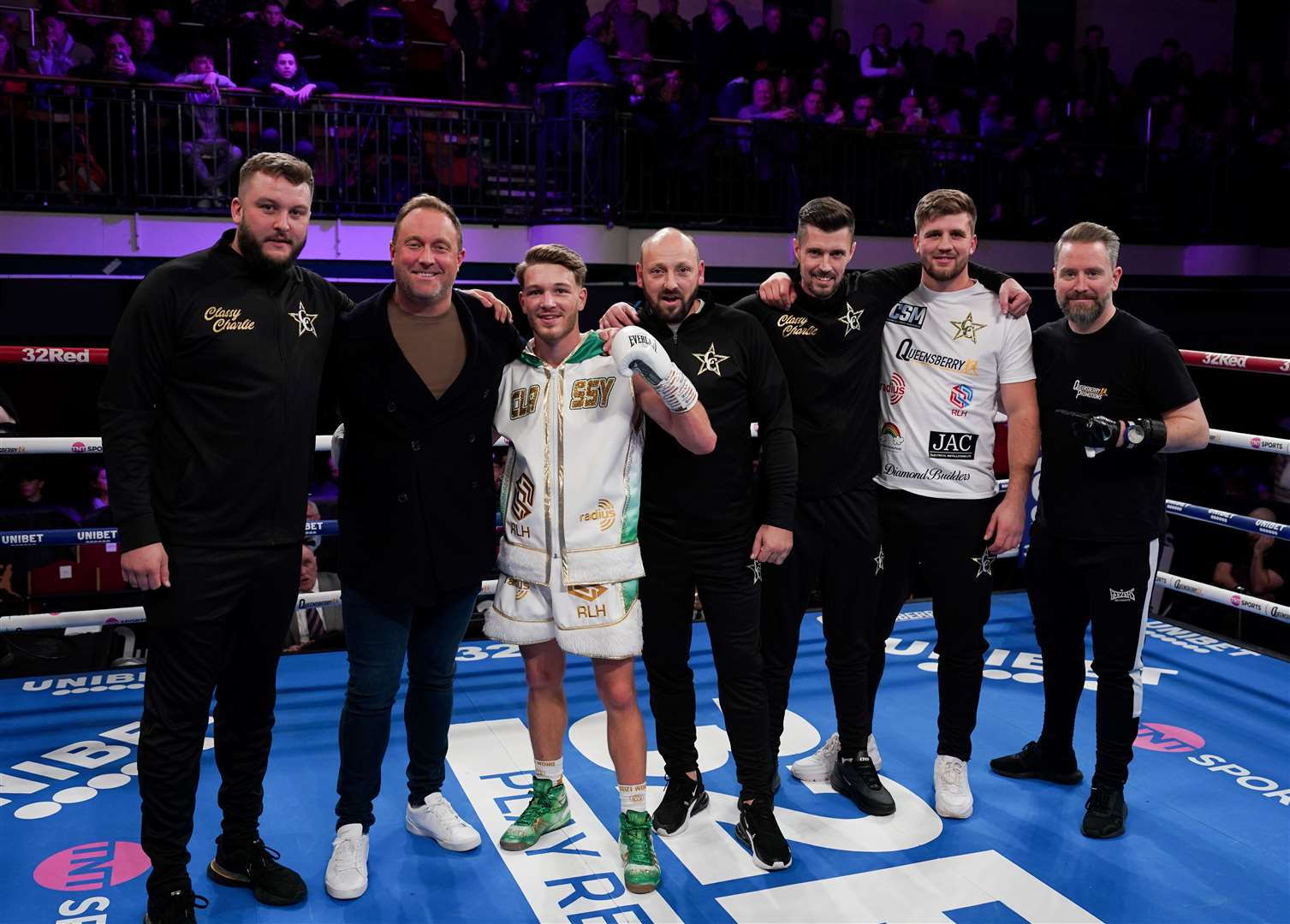 Charlie Hickford with his team – Jordan Vine (S&C Coach), Francis Warren (Manager), Steve Hickford (Father & Coach), Dan Woledge Snr (Head Coach), Dan Woledge Jnr (Coach), Frank Greaves (Cut man)