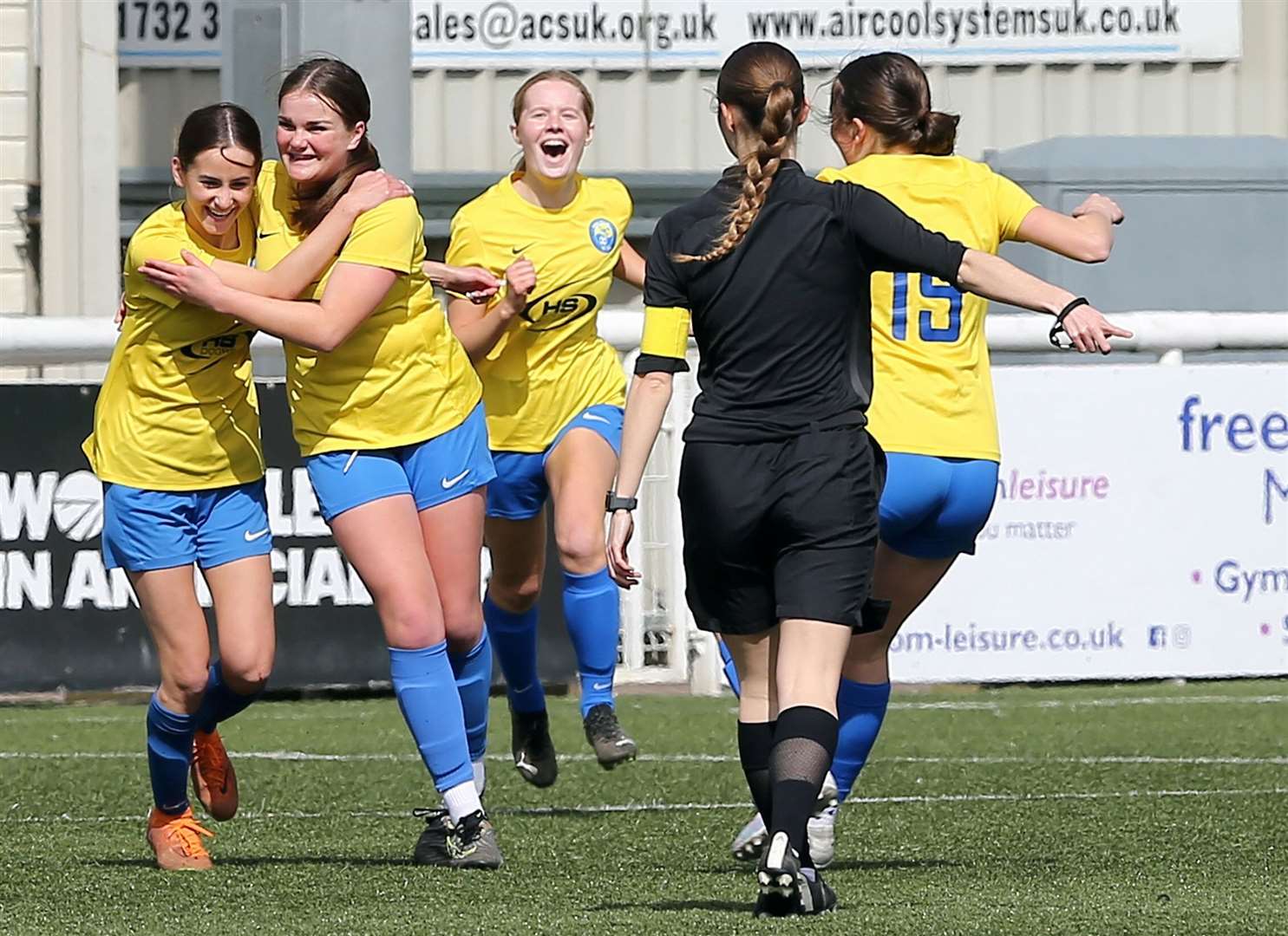 Kings Hill under-15s celebrate their first goal at the Gallagher Stadium on Sunday. Picture: PSP Images