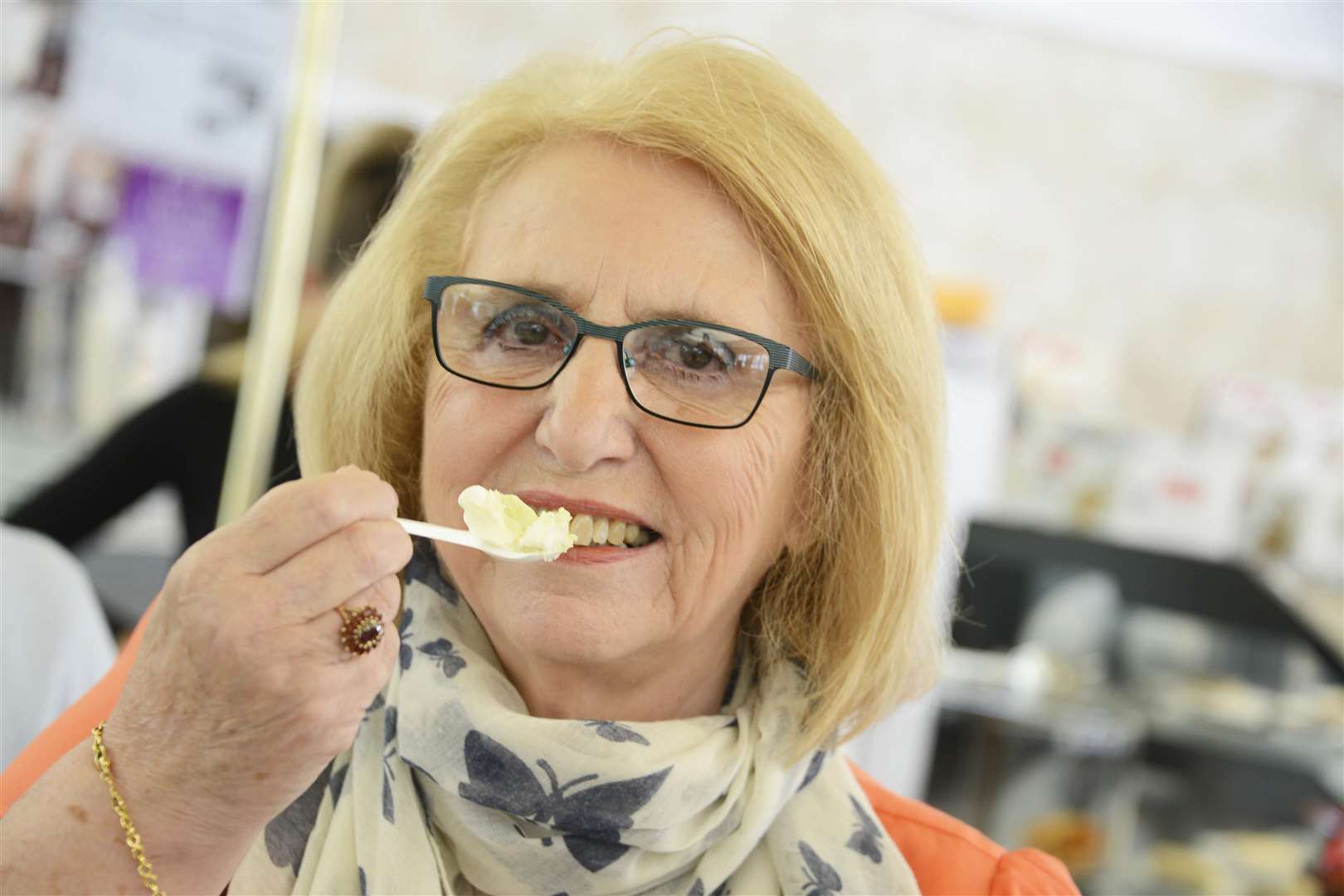 Customer Barbara Coates samples the mushy peas flavour