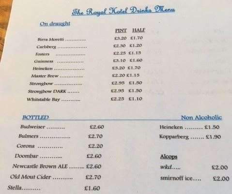 All the drink prices are clearly displayed on laminated pricelists available on each table