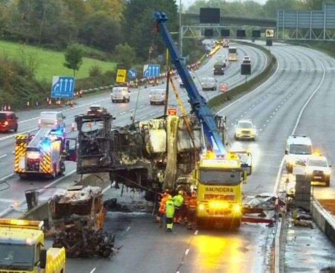 A Tesco HGV caught on fire on the M25 near Sevenoaks. Picture: National Highways