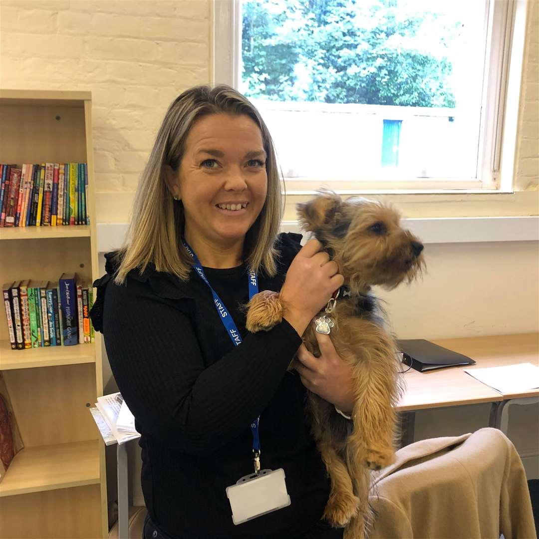 Melanie Westell with school dog Chewie