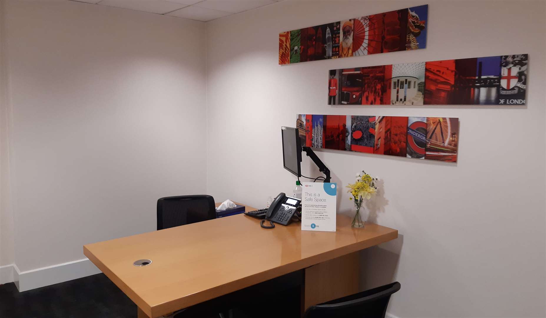 The 'Safe Space' room, which allows domestic abuse victims to securely call a loved one, charity, or police if needed