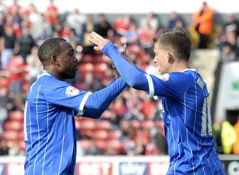 Myles Weston and Cody McDonald celebrate the equaliser Pic: Barry Goodwin