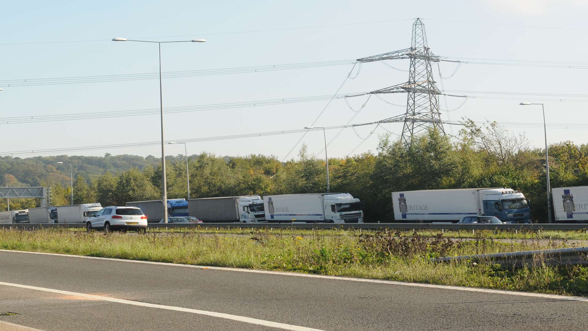 A2, near Nell's Cafe, Gravesend. Looking towards Medway. Lorry's parked on hard shoulder.