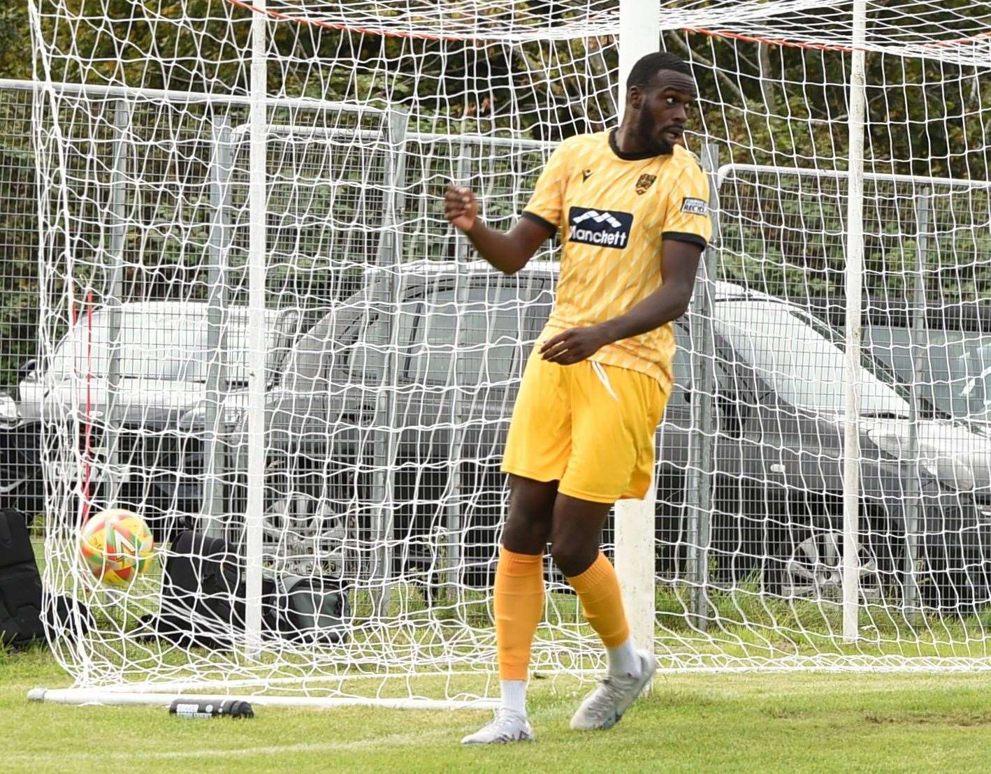 Levi Amantchi gives Maidstone the lead in their FA Cup tie at Winchester. Picture: Steve Terrell