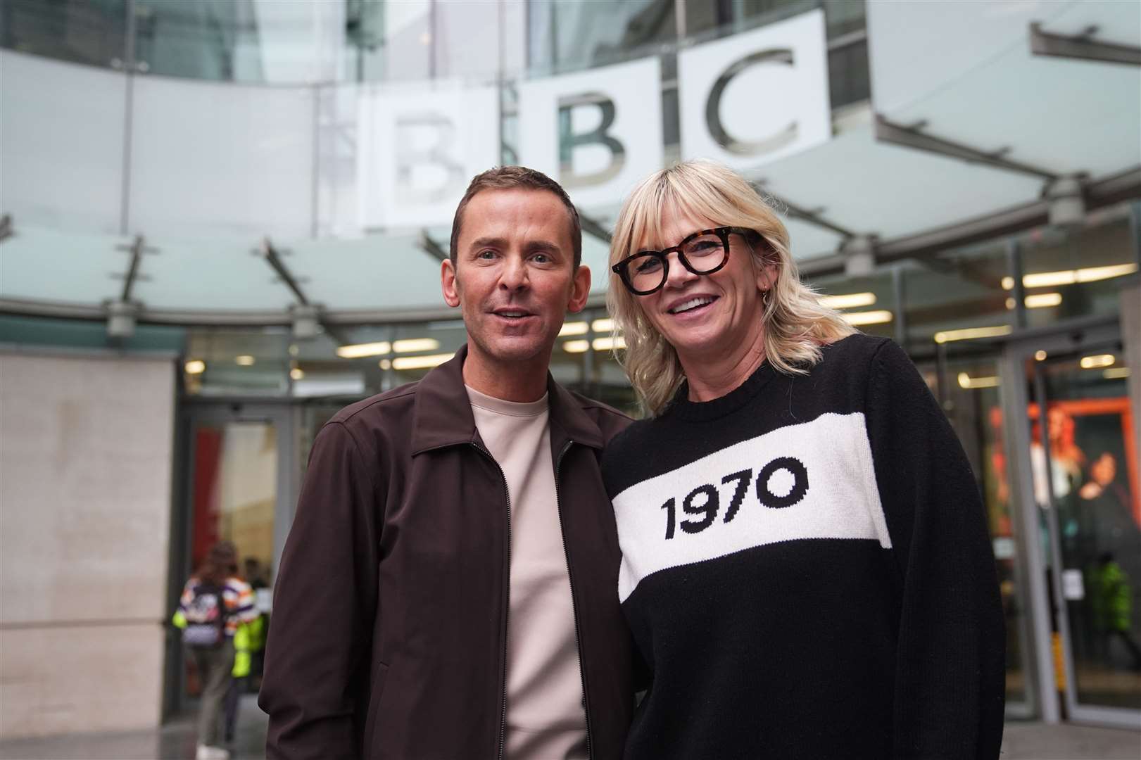 BBC Radio 2 presenters Zoe Ball and Scott Mills outside New Broadcasting House in central London (James Manning/PA)