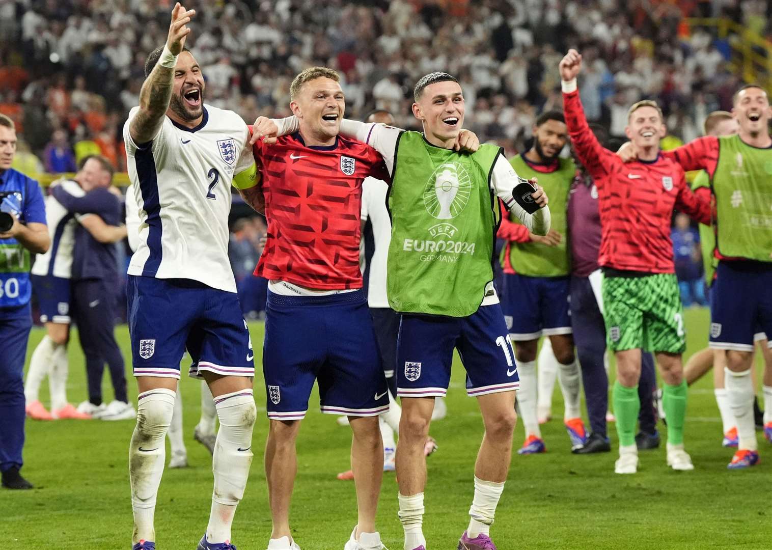 England’s Kyle Walker, Kieran Trippier and Phil Foden celebrate their Euro 2024 semi-final win over the Netherlands. Picture: Nick Potts/PA