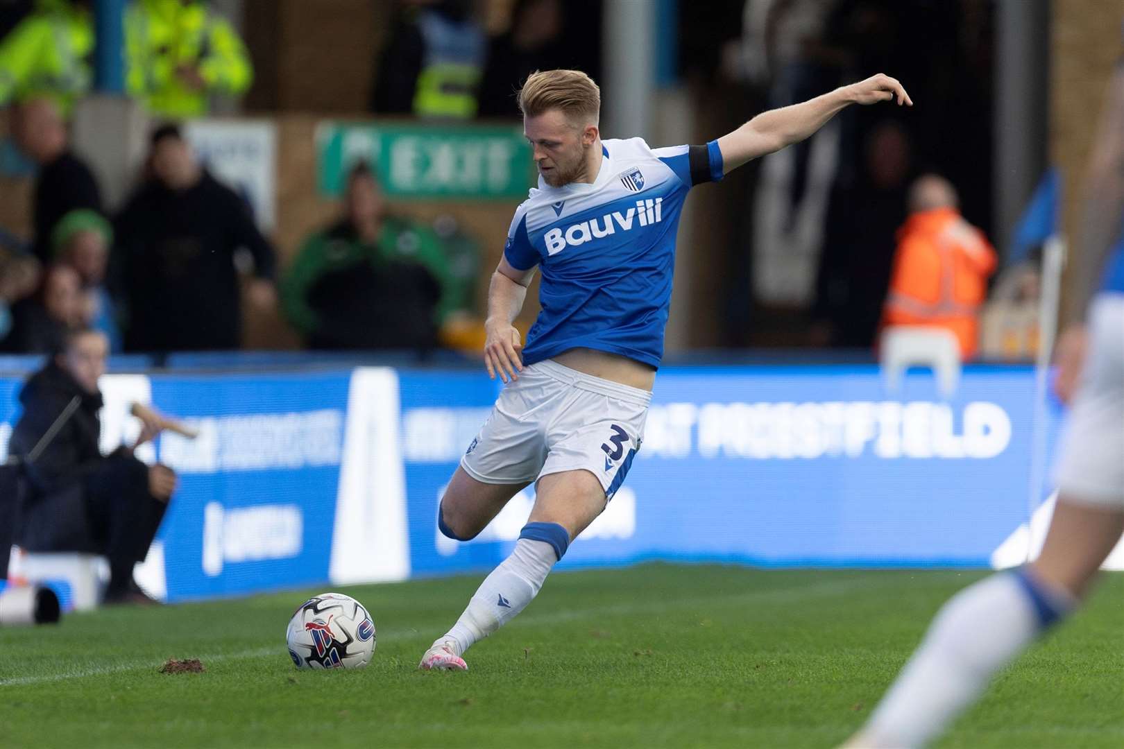 Max Clark clears forward for Gillingham against Notts County ojn Saturday Picture: @Julian_KPI