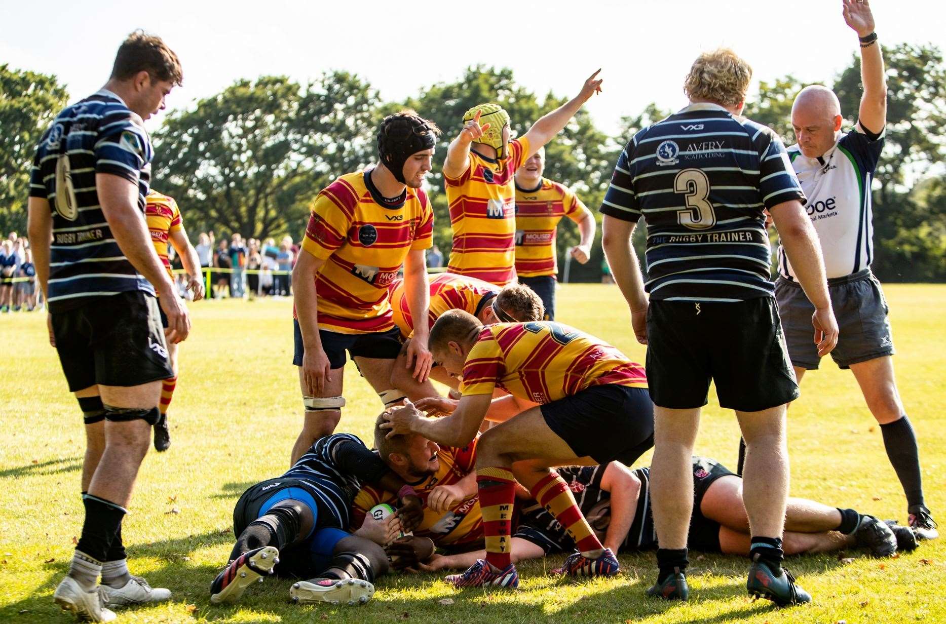 A memorable moment for Medway's Jack Nickalls after scoring his first try for the senior side in the win at Old Alleynians. Picture: Jake Miles