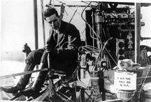 John Moore-Brabazon with a pig called 'Icarus II' proving that pigs could fly. Shelllbeach, November 5, 1909