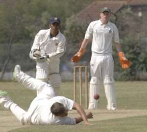 Vishaul Singh is denied runs due to a smart piece of fielding by Folkestone's Ryan Currie