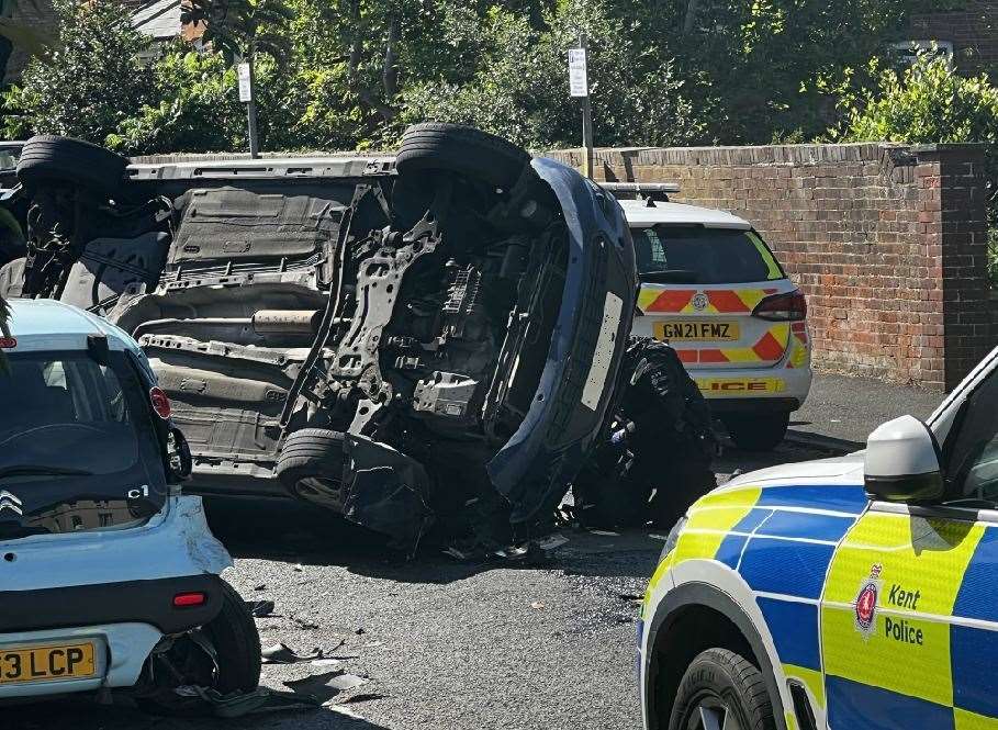 One car flipped onto its side and was badly damaged. Pic: Steve Salter