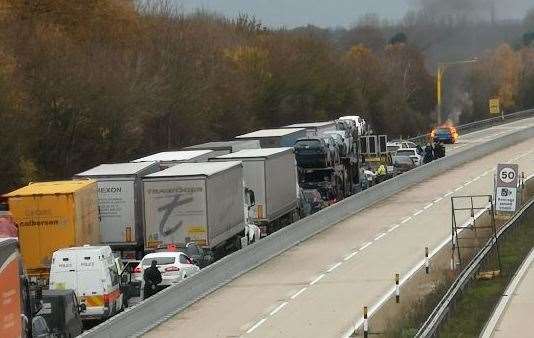 The fire halted traffic on the motorway. Picture: David Keeling