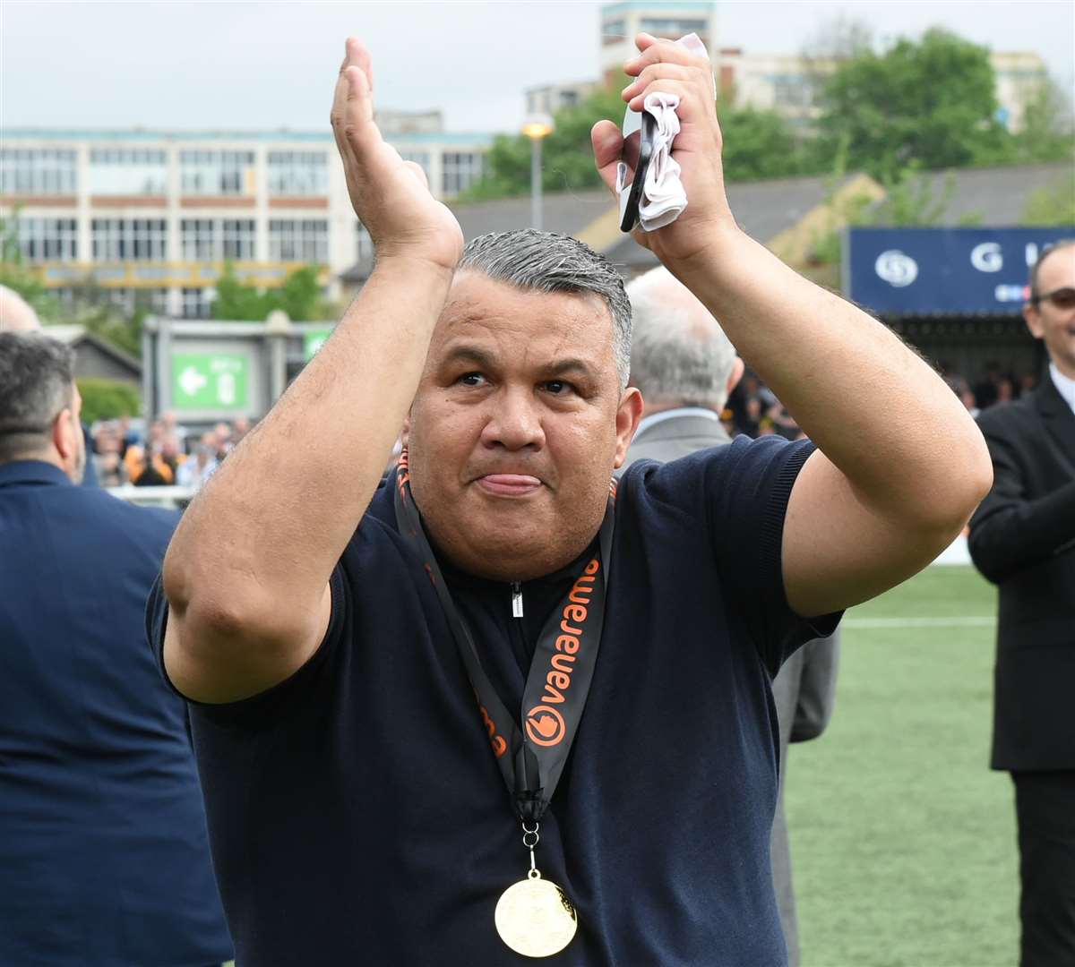 Hakan Hayrettin celebrates the National South title last season. Picture: Steve Terrell