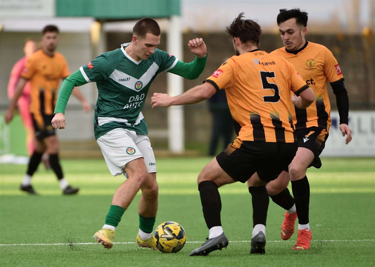 Ashford United’s Noah Carney tries to find a way through against East Grinstead on Saturday. Picture: Ian Scammell.