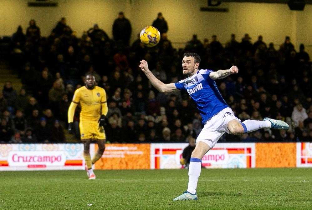 Scott Malone fires in the winner for Gillingham against Sutton United at Priestfield Picture: Beau Goodwin