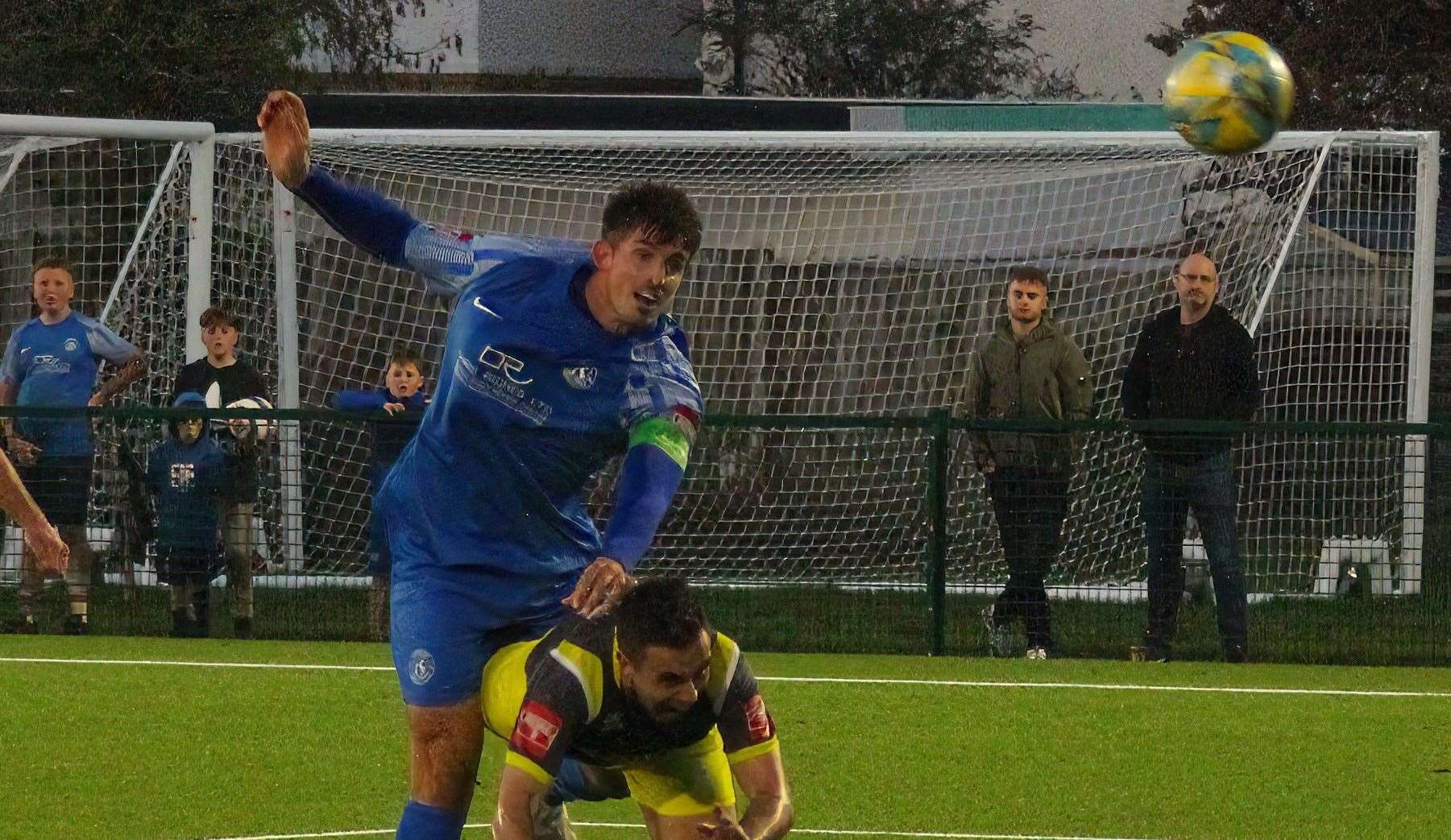 Herne Bay captain Laurence Harvey launches himself forward. Picture: Keith Davy