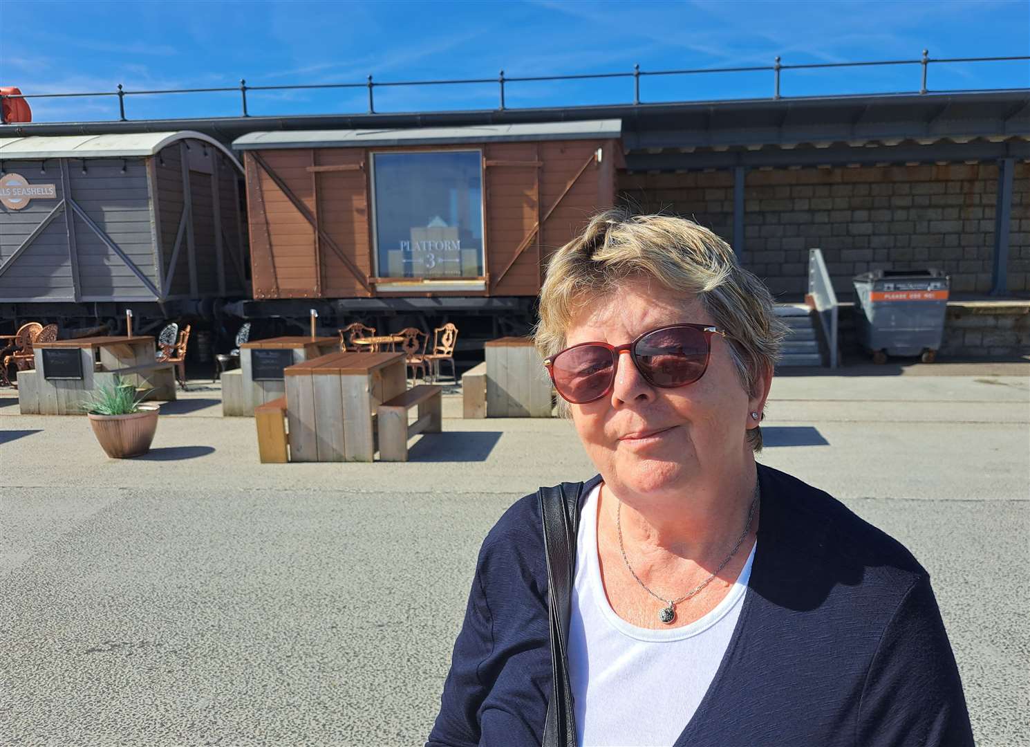 Sue Roberts, from Yorkshire, pictured with preserved rail wagons at the harbour arm was on her third visit to Folkestone