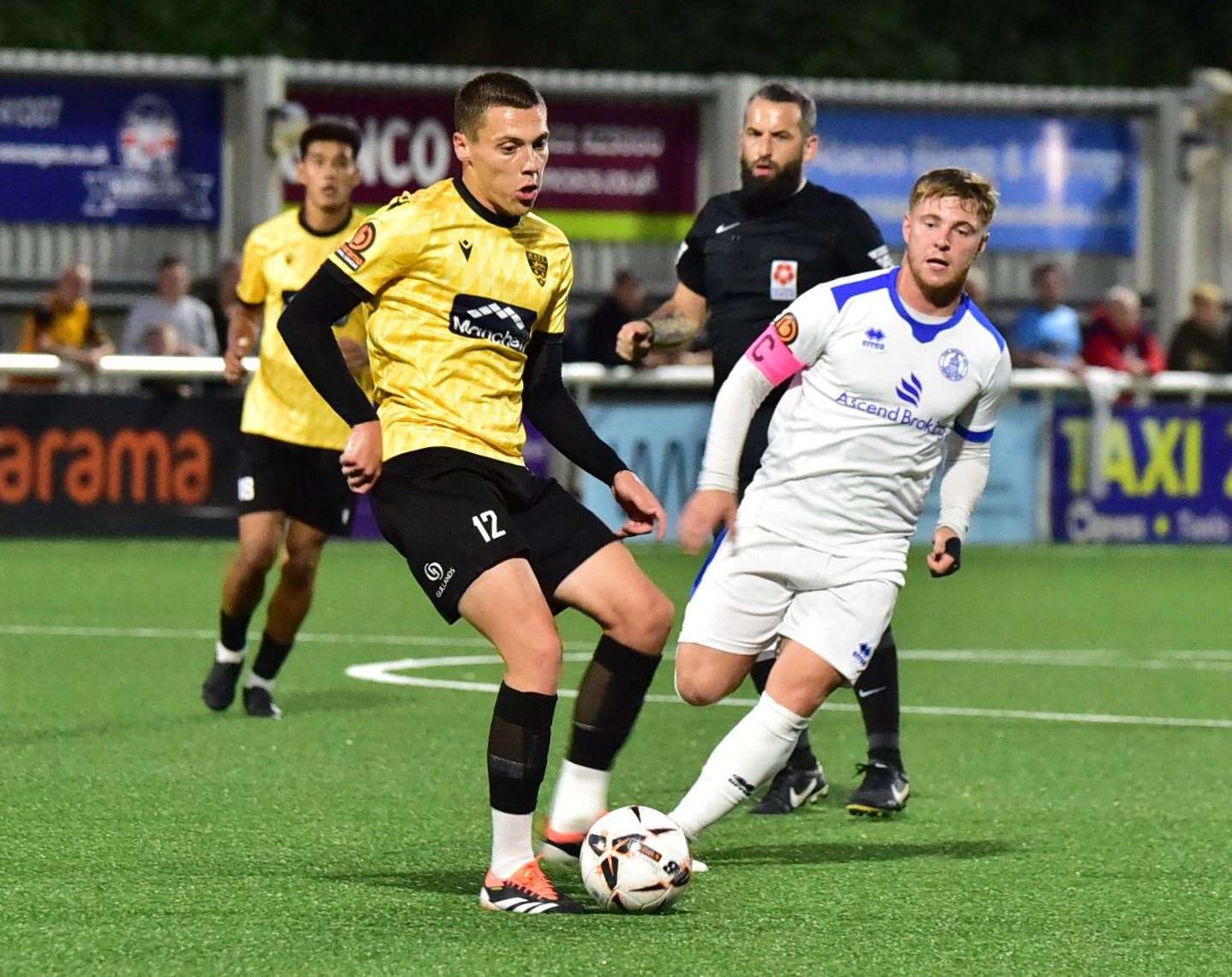 Arjanit Krasniqi on the ball during Maidstone's 5-1 defeat by Chelmsford. Picture: Steve Terrell