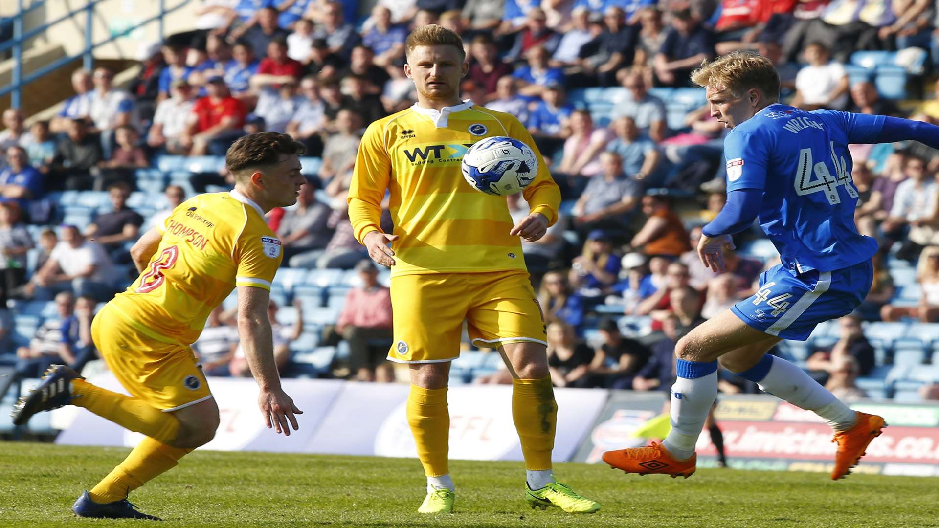 Gillingham's Josh Wright battles for possession Picture: Andy Jones