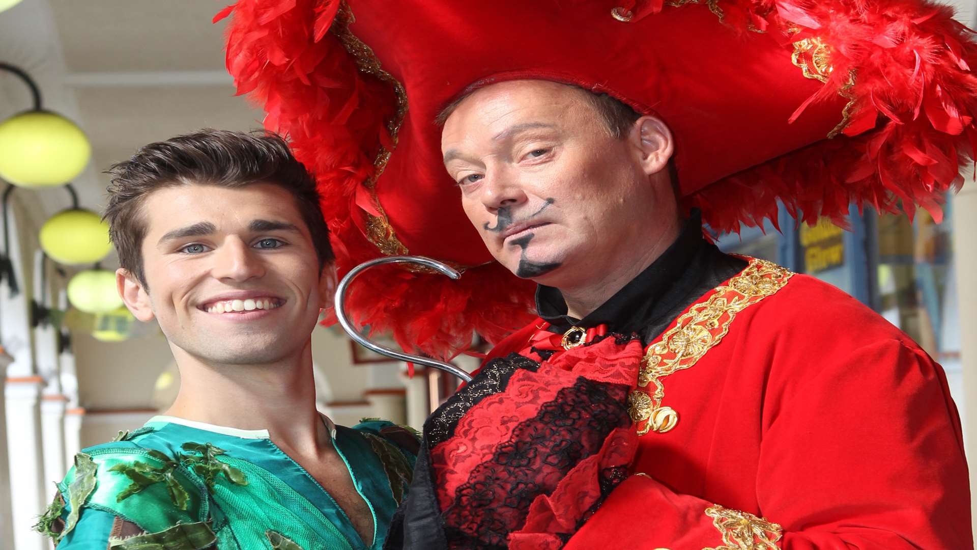 Jordan Veloso (Peter Pan) and Ricky Groves (Captain Hook) outside the Hazlitt Theatre, Earl Street