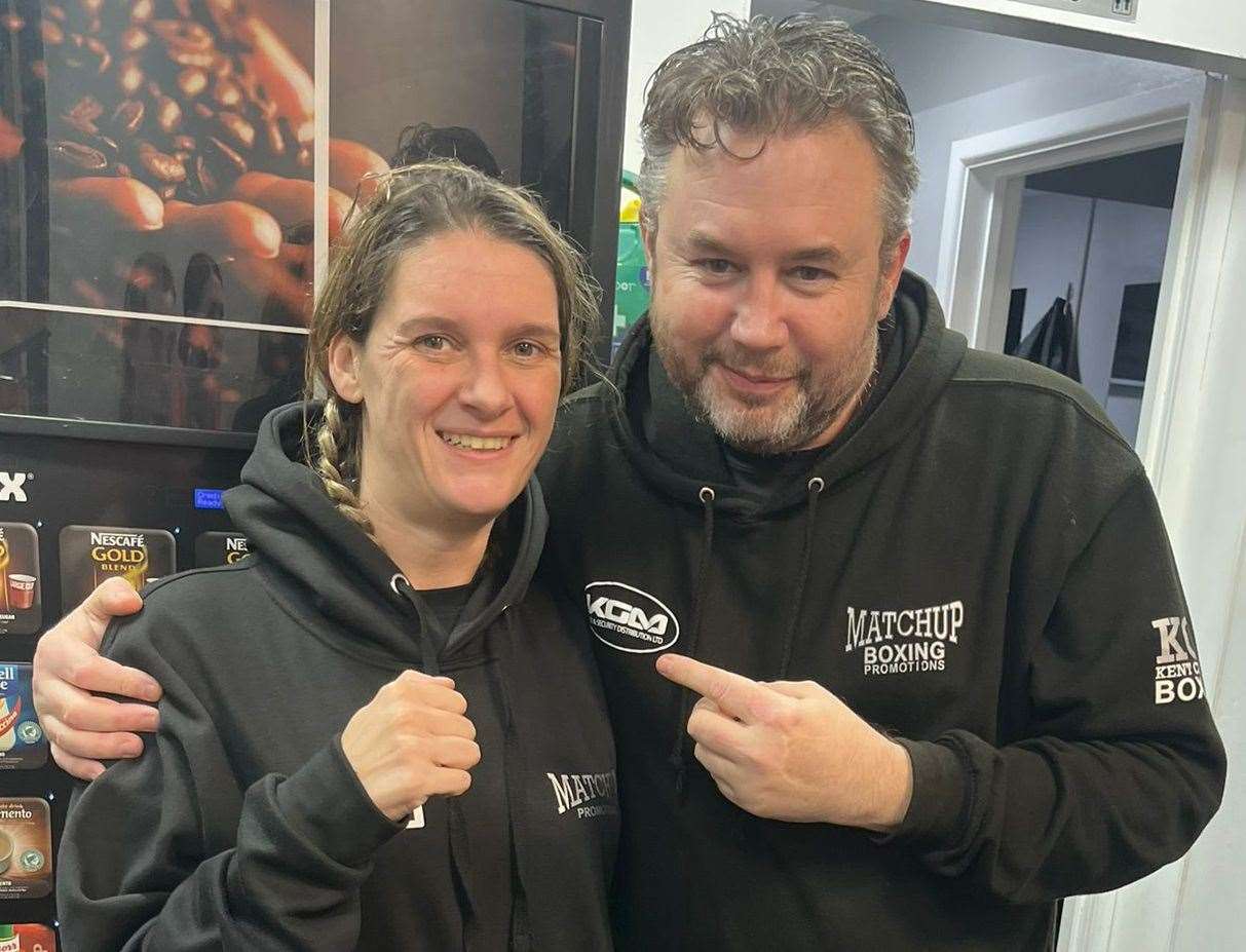 Trish Bailey is fighting for the second time on a Kent Charity Boxing show, pictured with organiser Darren Clayton