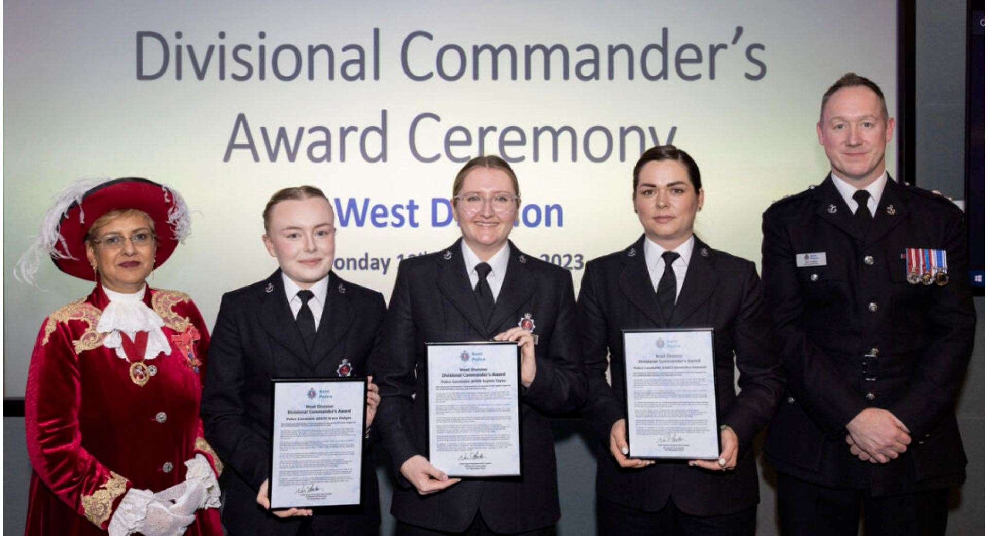 PC Grace Hedges, PC Sophie Taylor and PC Alex Dawood with Kent High Sheriff Nadra Ahmed CBE.