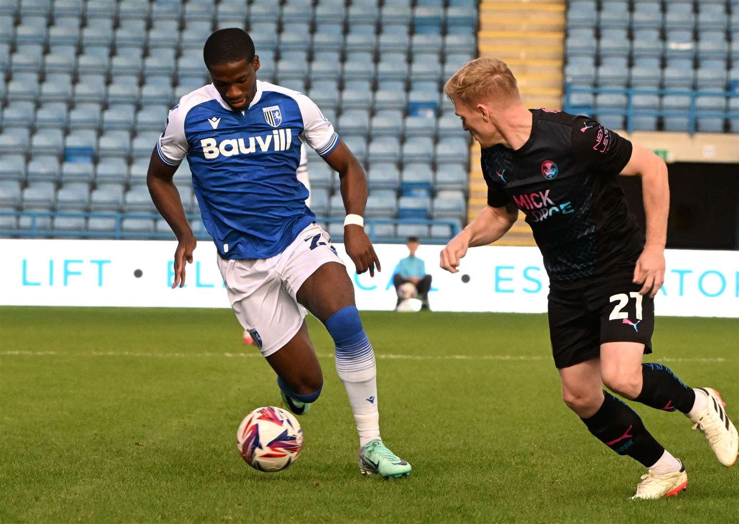 Joe Gbode played on the right wing for Gillingham on Tuesday night Picture: Barry Goodwin