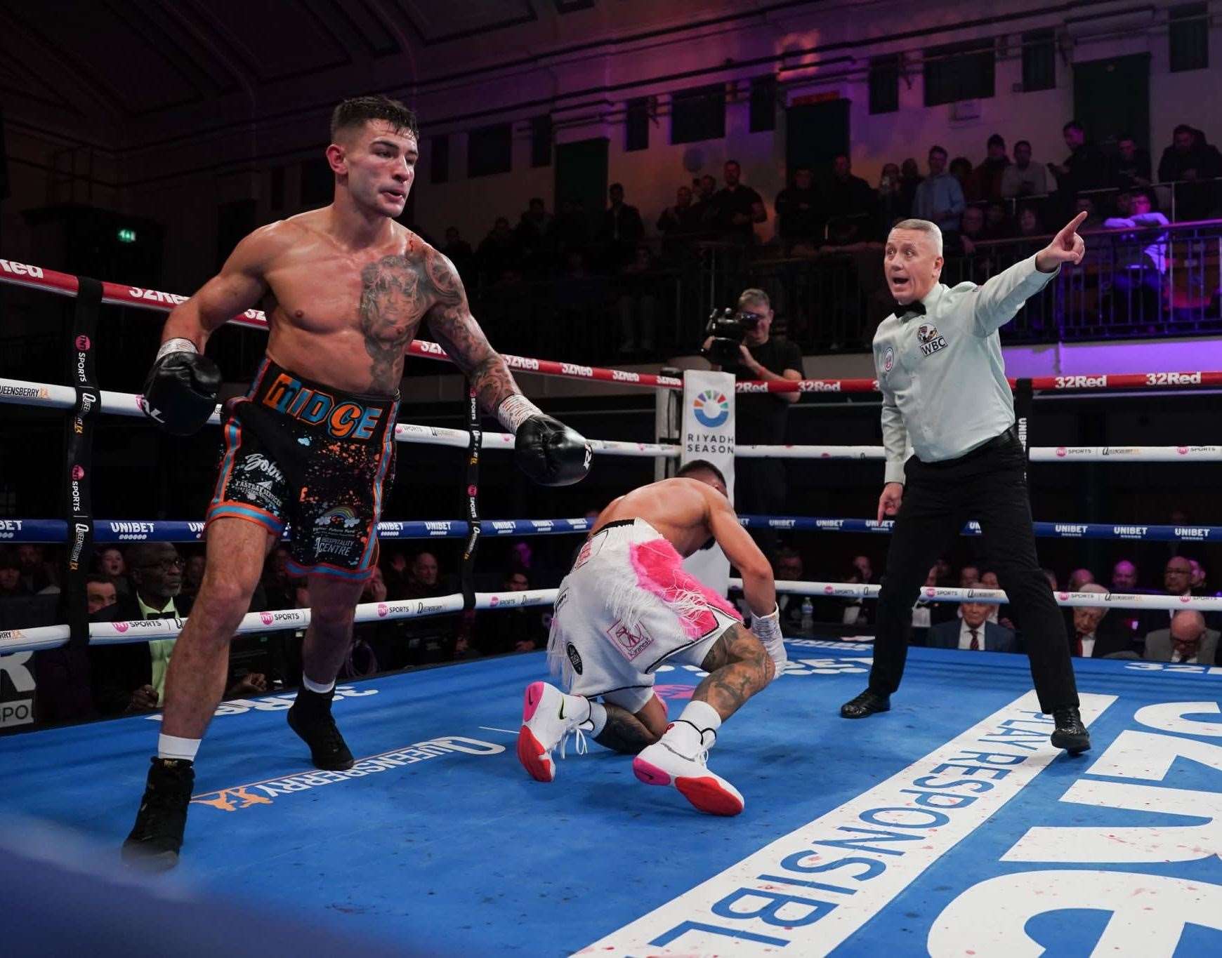 Maidstone boxer Sam Noakes goes back to his corner after dropping Carlos Perez. Picture: Queensberry Promotions