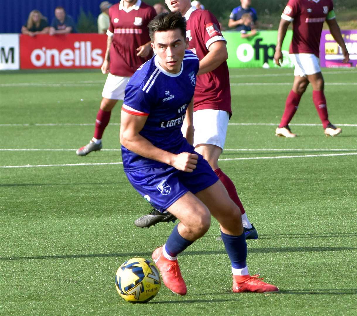 Defender Harrison Hatfull on the ball in Margate’s 2-1 weekend home Isthmian Premier win against Potters Bar. Picture: Randolph File