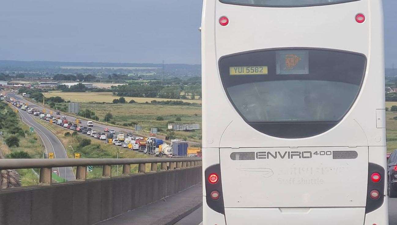 Traffic backing up on the Sheppey Crossing on Monday morning. Picture: David Thurman-Newell