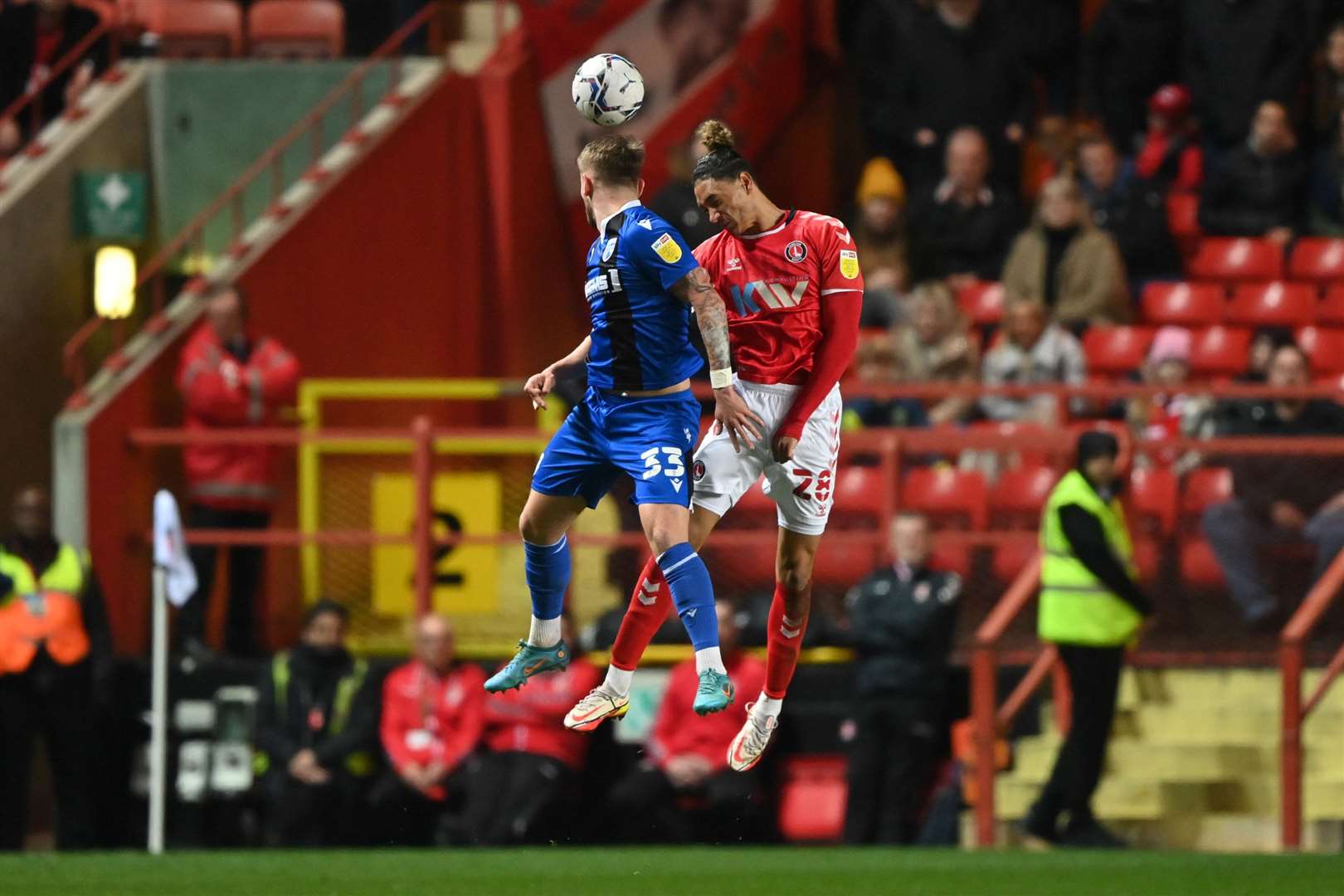 Charlie Kelman in a challenge with Sean Clare Picture: Keith Gillard