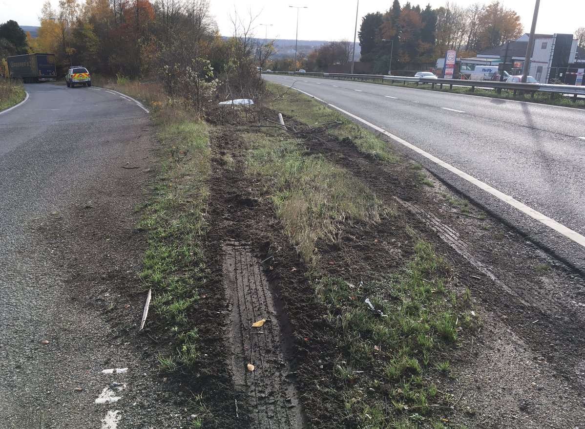 Marks at Blue Bell Hill where a lorry driver was arrested with breath recorded four times the legal limit. Picture: @Kentpolicespecials