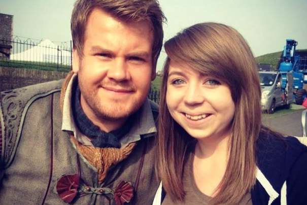 Fan Beth Haggar with James Corden at Dover Castle. Picture: Beth Haggar