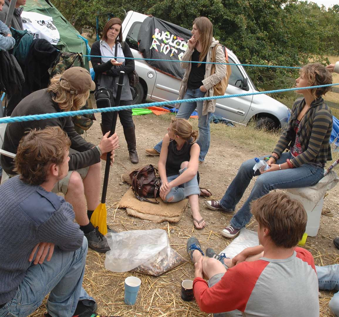 Media walk around Climate Camp, on Friday morning. Katie Alston, and Jenni Horn talkj to protesters. Picture: Barry Crayford (3346487)