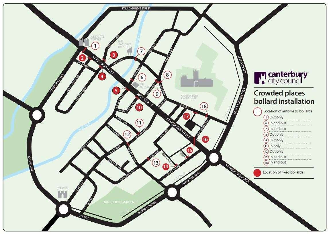 Where the bollards will be located in Canterbury (11779442)