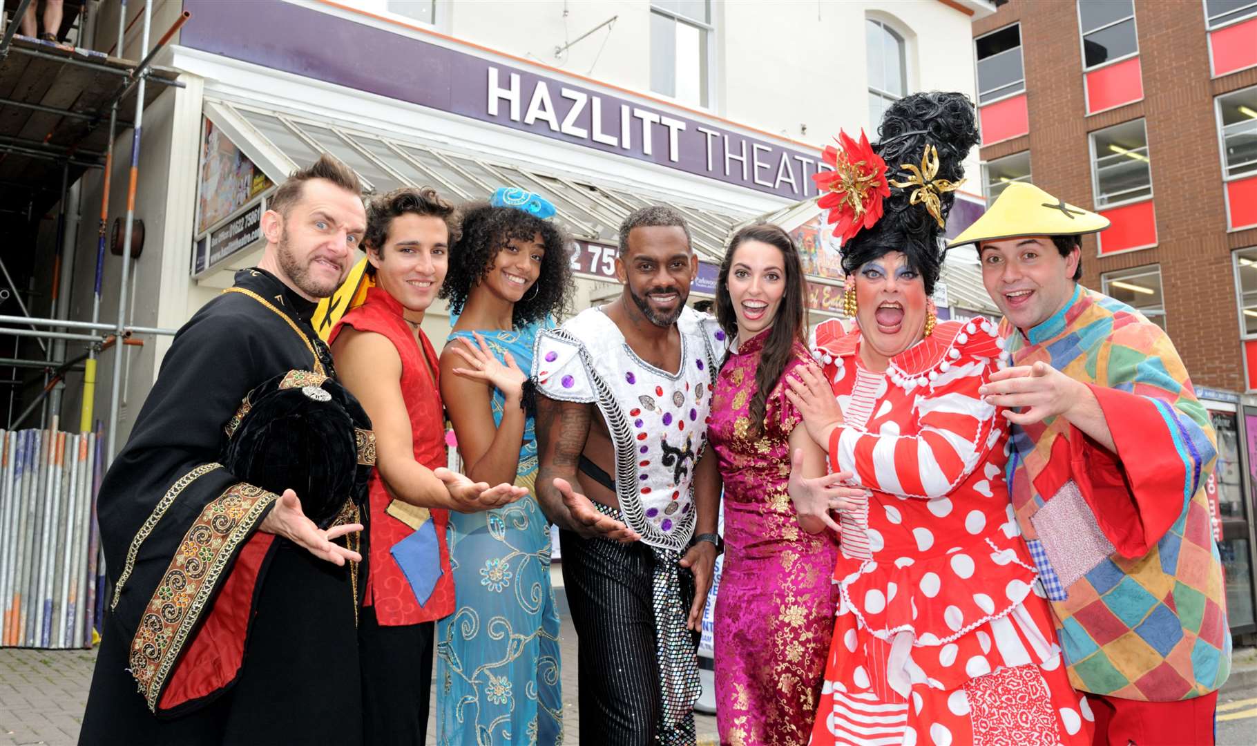 The cast of Aladdin, the Hazlitt's 2018 panto, outside the theatre Picture: Simon Hildrew