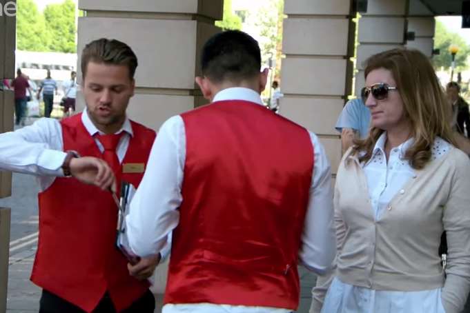 James and Sanjay can be seen panicking at Canterbury bus station as Karren Brady looks on disapprovingly